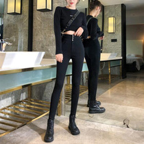 Black beat bottom pants woman outside wearing small black pants spring autumn high waist display slim elastic small foot pants big code tight fit pencil pants