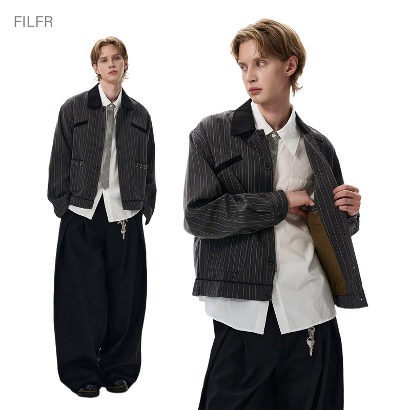 Filfr Old Money Style American Striped Studded Lapel Jacket Unisex Street Retro Casual Versatile Blazer