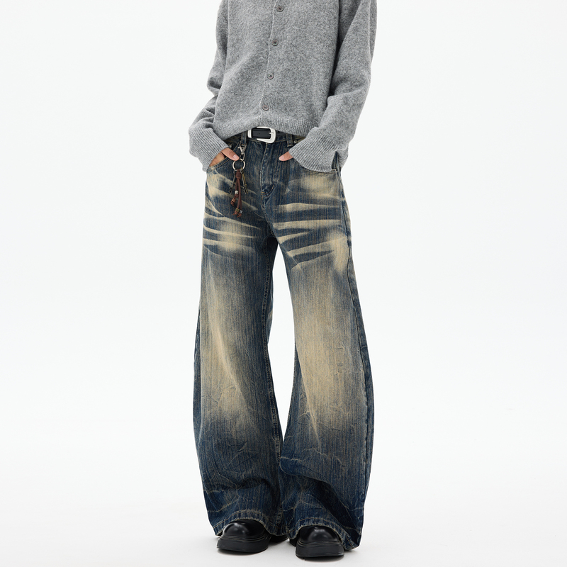 Filfr American Retro Lightning Pattern Dirty-Dyed Whiskered Jeans for Men and Women, Niche Washed Silhouette Slimming Scimitar Pants