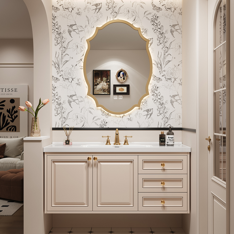 French-Style Retro Cream-Colored Solid Wood Bathroom Cabinet with Integrated Ceramic Basin and Washbasin Vanity Unit