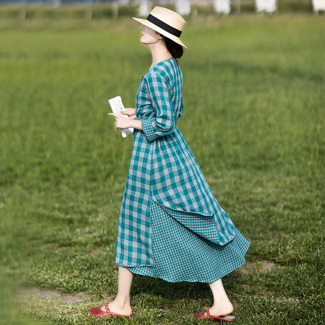 Literary Green Square Plaid Long Gown Women's Side Slit Summer 2023 New Windbreaker Reversible Windbreaker