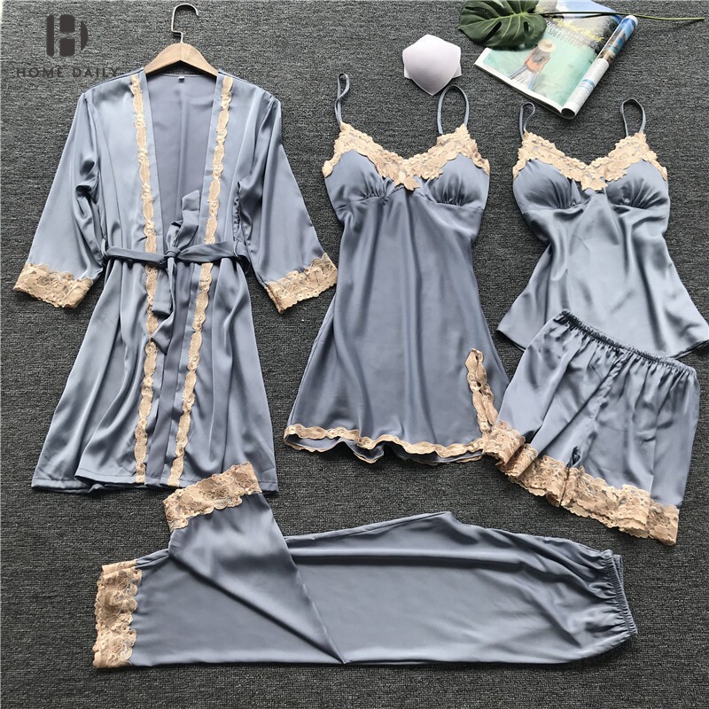 Sleepwear Girl Spring Autumn Sexy Five Pieces Ice Silk Harness Sleeping Dress With Chest Cushion Summer Thin Genuine Silk Home Suit Suit