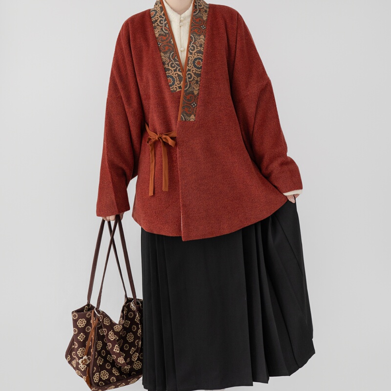 【087】Ming-Style Cross-Over Short Jacket, Autumn and Winter Style, Two-Piece Loose Red Woolen Daily Commuting Hanfu Suit 【087】Ming-Style Cross-Over Short Jacket, Autumn and Winter Style, Two-Piece Loose Red Woolen Daily Commuting Hanfu Suit