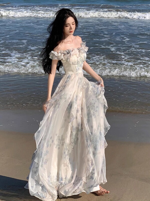 Summer Long Dress with Ankle-Length, Perfect for Vacation, Off-The-Shoulder Ruffle Dress, Seaside Dress, Fairy-Like Beach Dress
