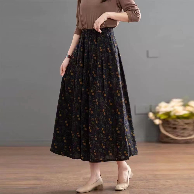 Cotton and Linen Floral Skirt, Middle-Aged Mother's Stylish A-Line Skirt, Summer New High-Waisted Mid-Length Skirt for Women Cotton and Linen Floral Skirt, Middle-Aged Mother's Stylish A-Line Skirt, Summer New High-Waisted Mid-Length Skirt for Women