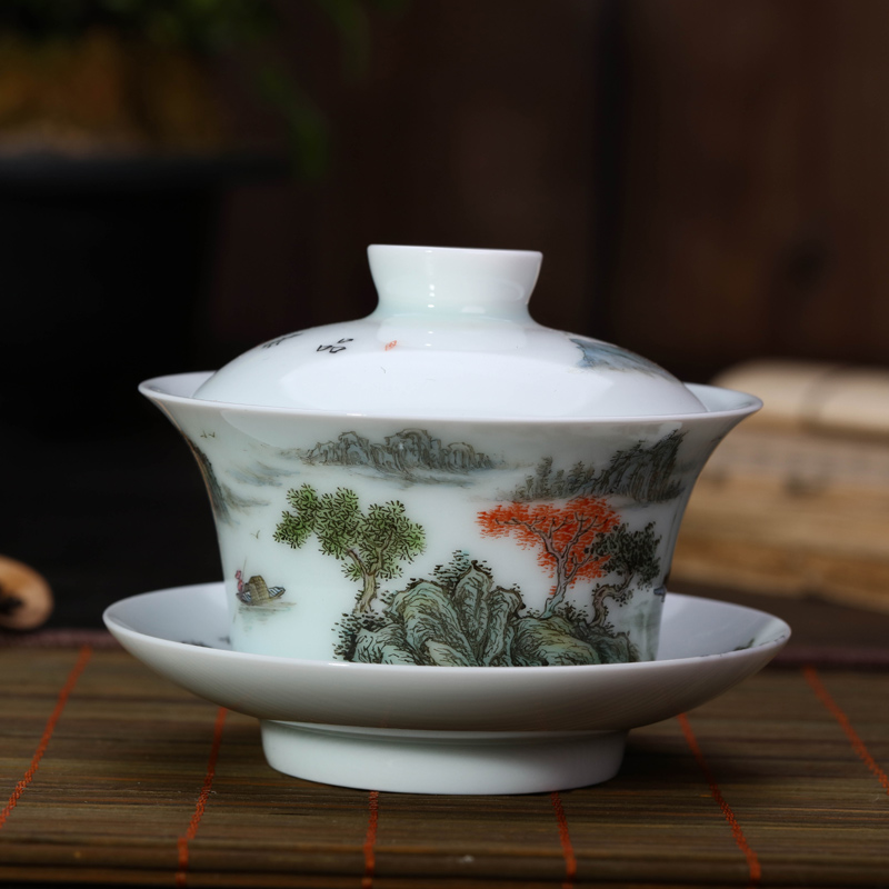 Offered home - cooked tureen ceramic tea set in hand - made pastel only three bowl of jingdezhen porcelain tea tea bowl of pure manual