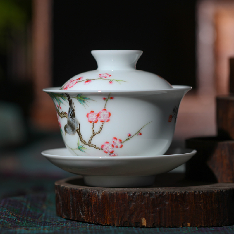 Jingdezhen porcelain tea tureen bowl three only three to use of hand - made glass ceramic famille rose tea cups pure manual
