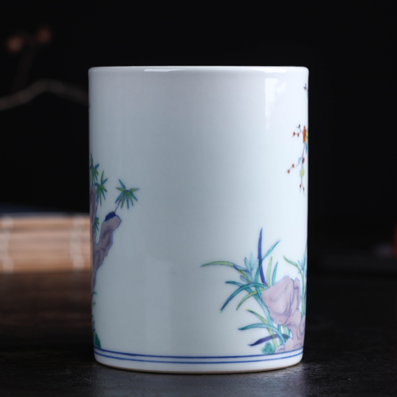 Offered home - cooked in jingdezhen blue and white color bucket hand - made porcelain stationery pen container furnishing articles study four gear porcelain brush pot