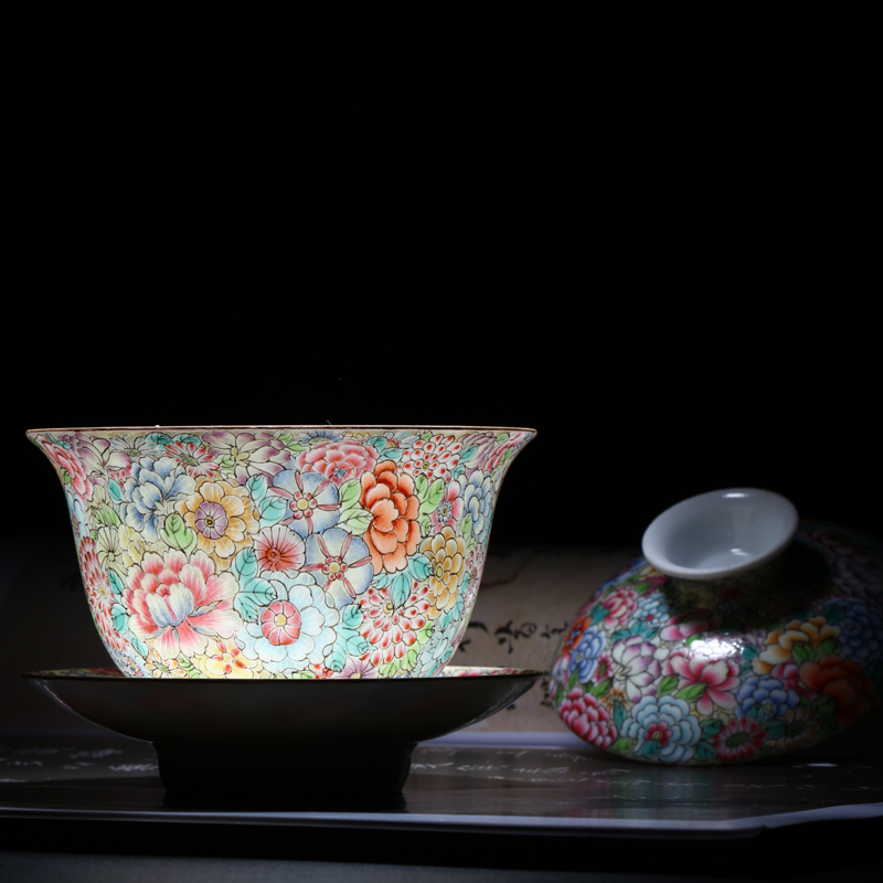 Offered home - cooked in jingdezhen porcelain tea set hand - made colored enamel tureen Jin Hongxia checking ceramic only three cup bowl of tea