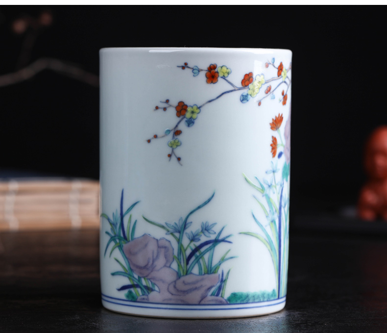 Offered home - cooked in jingdezhen blue and white color bucket hand - made porcelain stationery pen container furnishing articles study four gear porcelain brush pot