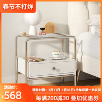 Medieval stainless steel bedside table light luxury simple modern small glass shelf net red bedroom bedside storage cabinet