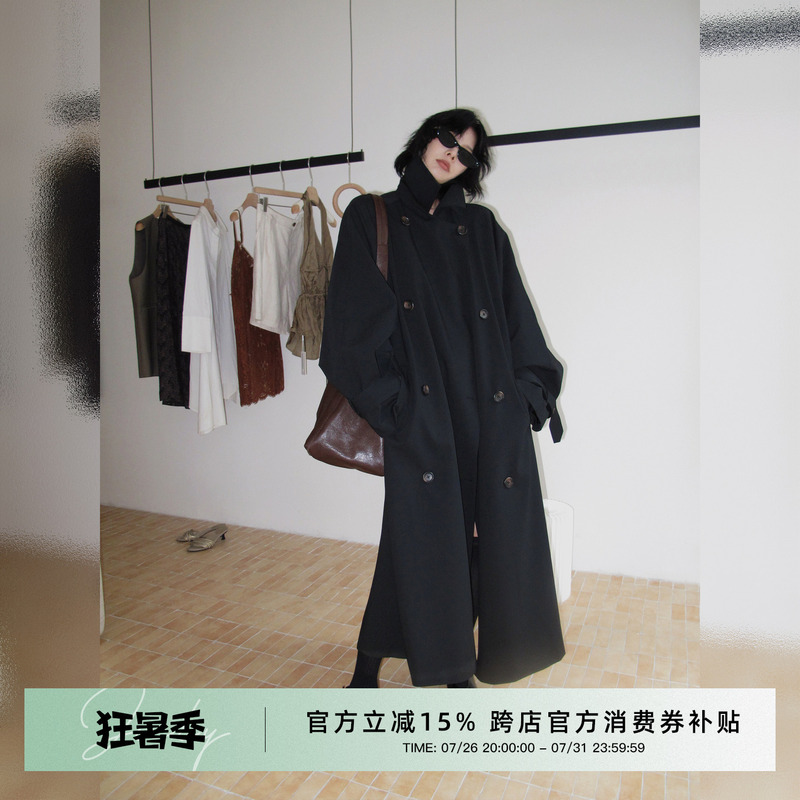 Jccc Shadow [Larch] Two-Tone Silhouette Stand-Up Collar Classic Versatile Mid-Length Autumn and Winter Trench Coat for Women