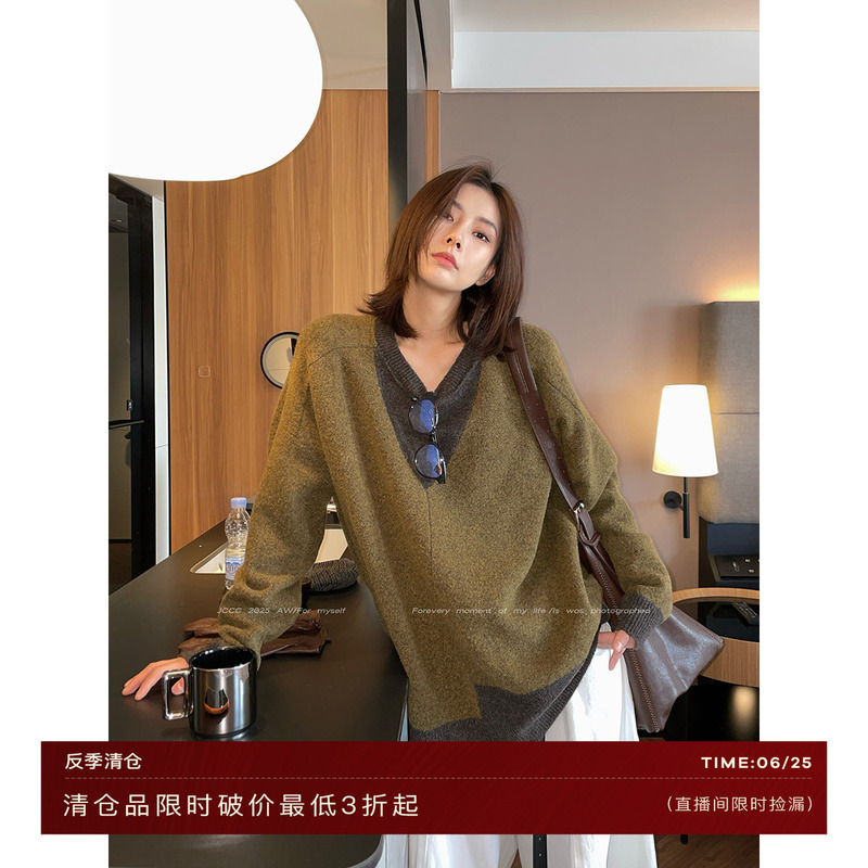 6.25 Clearance Jccc Shadow [Ancient Wood Collection] Wool Blend Contrast Stitching Loose Fit Slimming Round Neck Sweater