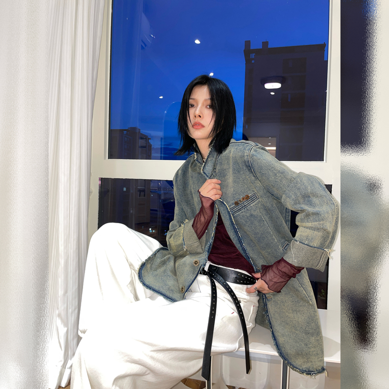 Jccc Shadow [Blues Records] Vintage Distressed Deconstructed Wasteland Style Washed Denim Casual Blazer for Women