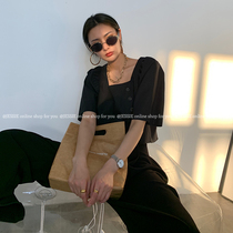 JCCC shadow square collar short top womens summer new asymmetrical button design loose short-sleeved shirt