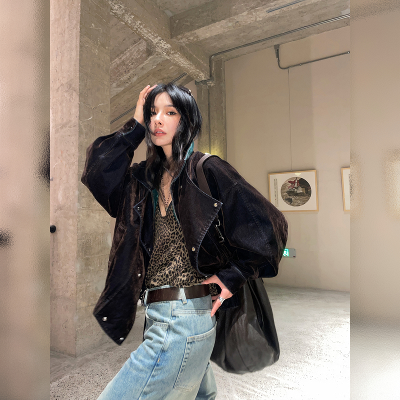 Jccc Shadow [Xunlu] 100% Cotton Short Drop-Shoulder Denim Jacket for Women, Vintage Cool and Stylish Color-Block Biker Jacket