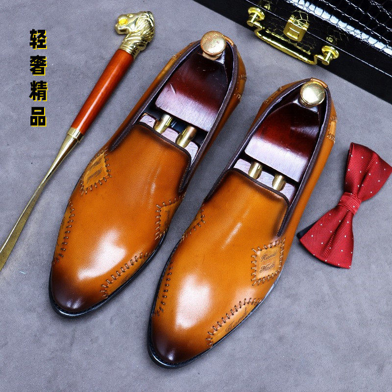 Men's business casual leather shoes genuine leather retro handmade British slip-on men's shoes youth summer breathable loafers