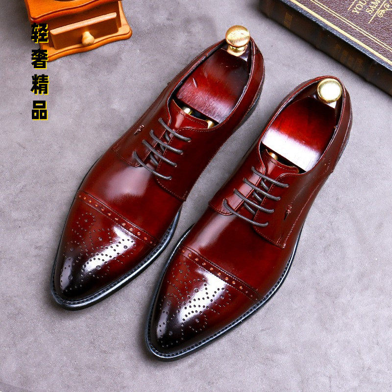 Wine red wedding shoes wedding groom leather shoes high-end brogue carved men's shoes British dress shoes business Oxford shoes