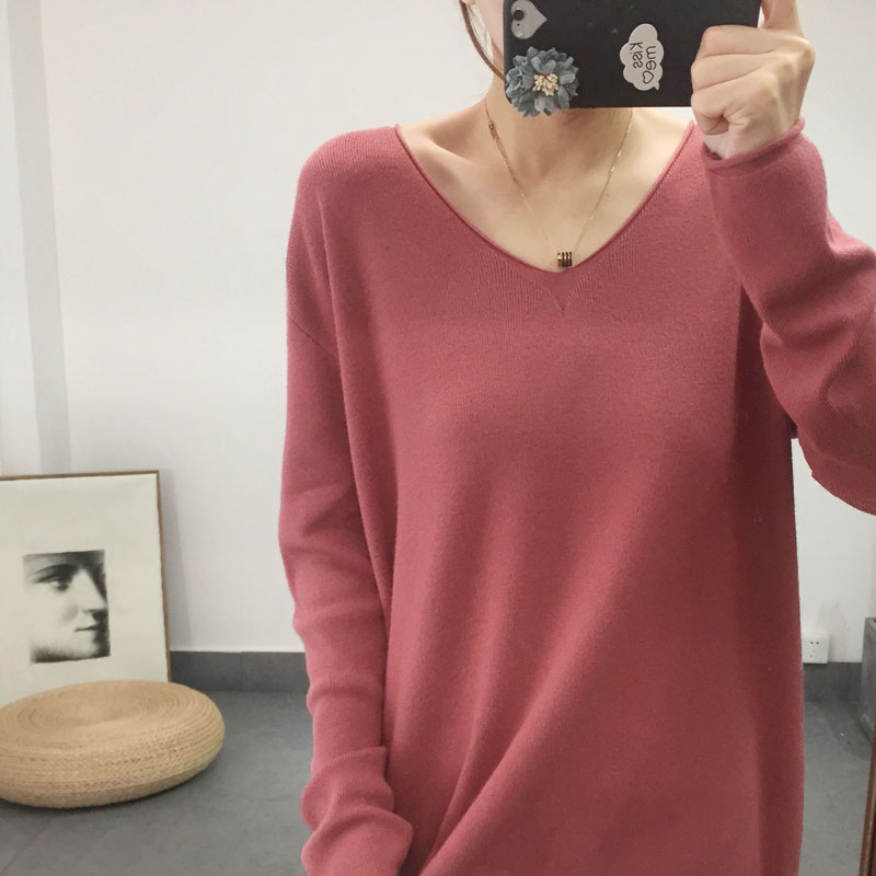 2020 mới rắn màu đáy đan của phụ nữ dài tay mùa thu v-cổ loose-fitting mềm cuộn tròn đầu mùa đông áo len