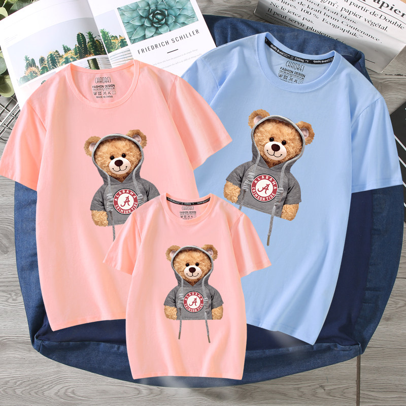 2021 new cute cartoon bear parent-child outfit summer dress a family of three pure cotton short-sleeved t-shirt four loose t-shirt tide