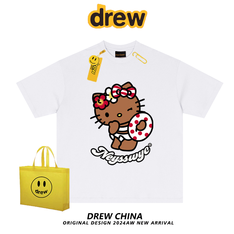 Drew American Trendy Brand Vacation Hellokitty Pure Cotton Short-Sleeved T-Shirt for Men and Women Summer Loose Couple Tops Ins