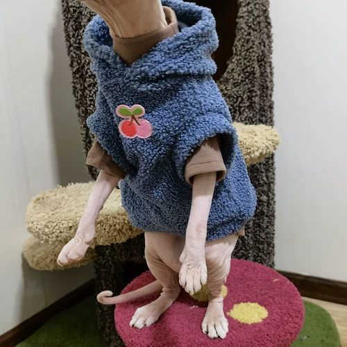 Свежая бесплатная доставка, безволосая одежда для кошек сфинкс немецкая дымка, синяя плюшевая бархатная капюшона зимняя теплая куртка