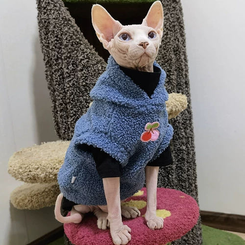 Свежая бесплатная доставка, безволосая одежда для кошек сфинкс немецкая дымка, синяя плюшевая бархатная капюшона зимняя теплая куртка