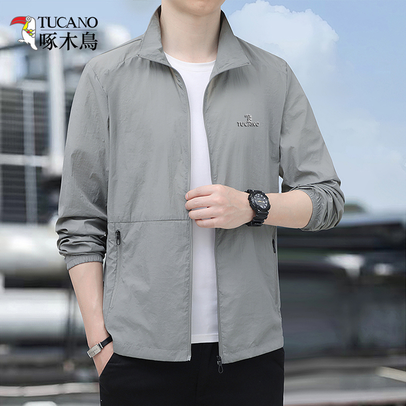 Woodpecker Summer Stand-Up Collar Sun Protection Clothing for Men, Outdoor Sports Skin Clothing, Korean Style Slim Fit Fishing Thin Jacket