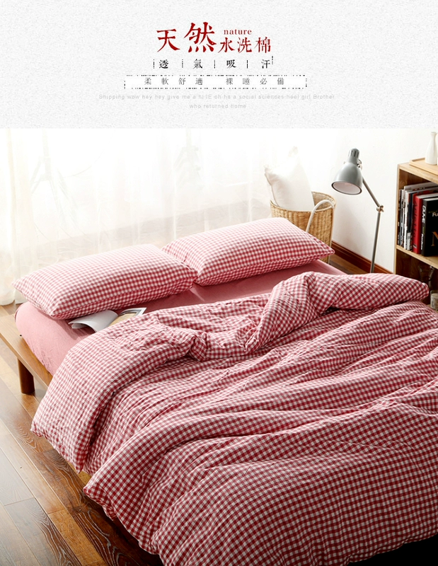 Nhật bản phong cách cotton linen lưới nhỏ rửa sạch bông đơn giản ba hoặc bốn bộ cotton quilt cover màu rắn tấm ga trải giường 笠 bộ đồ giường