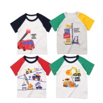 Day Family Thousand Children Clothing Boy Summer Pure Cotton Short Sleeve Suction Sweat T-shirt Kiddie Cartoon Engineering Car Half Sleeve Blouse