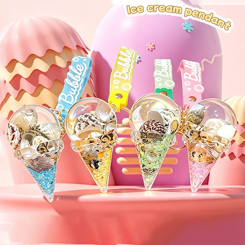 Creative Ice Cream in Oil Conch Floating Keychain Cartoon Quicksand Acrylic Pendant Bag Decoration Small Gift