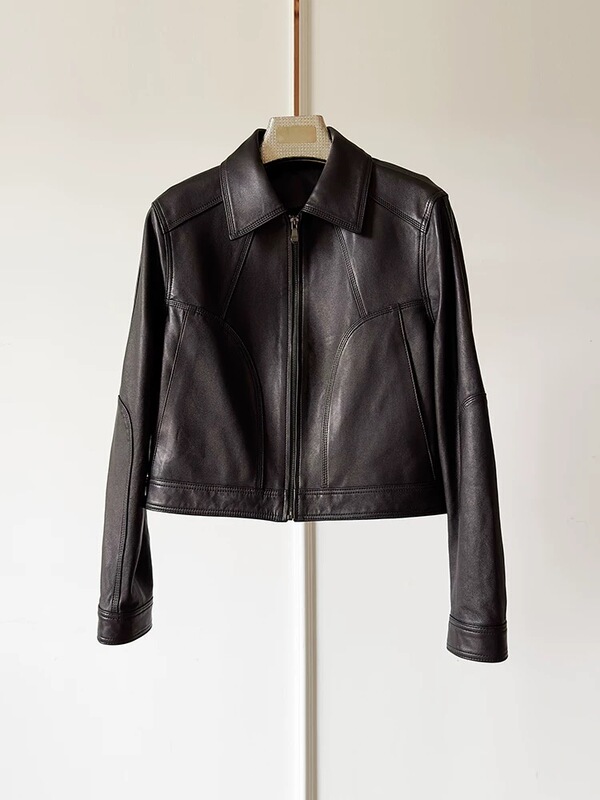 Greenmia 2026 Spring New Women's European-Style Lapel Zipper Sheepskin Genuine Leather Short Jacket