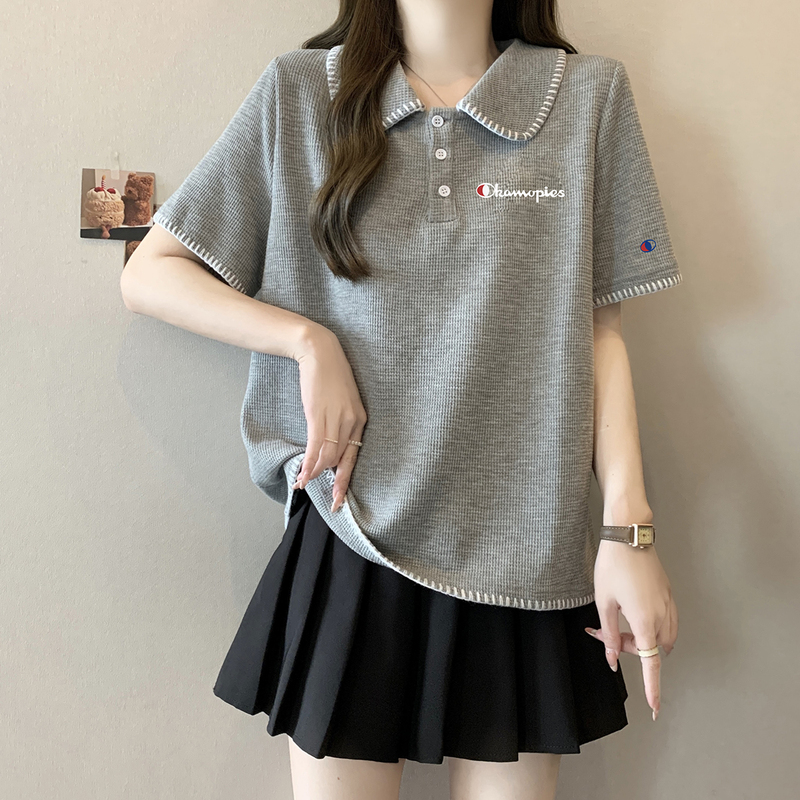 Champion Polo Shirt Short Sleeve T-Shirt for Women 2026 Summer New Large Size Embroidered Tummy-Covering Slimming Unique Top Champion Polo Shirt Short Sleeve T-Shirt for Women 2026 Summer New Large Size Embroidered Tummy-Covering Slimming Unique Top