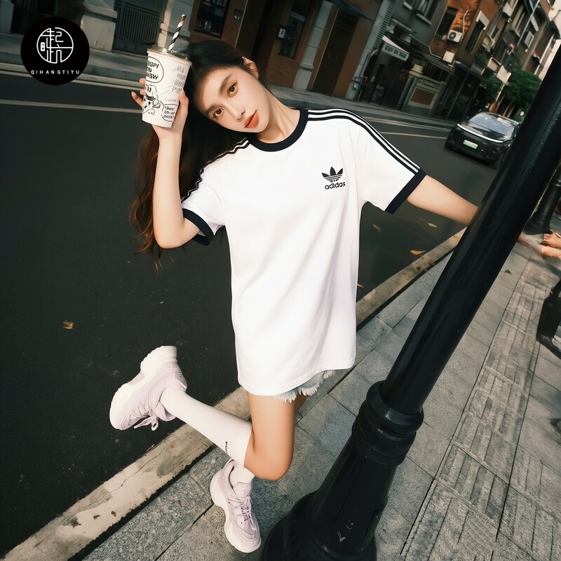 Adidas Trefoil Jennie Same Style Unisex Casual Sports Crew Neck Embroidered T-Shirt Short Sleeve