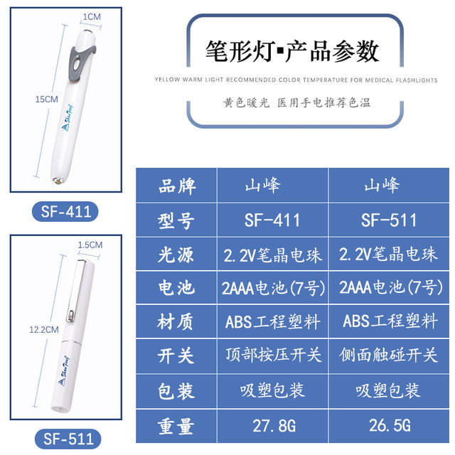 Shanfeng Led Yellow Light Pen-Type Flashlight 411 Pupil Pen 511 Medical Pen-Shaped Searchlight for Doctors and Nurses