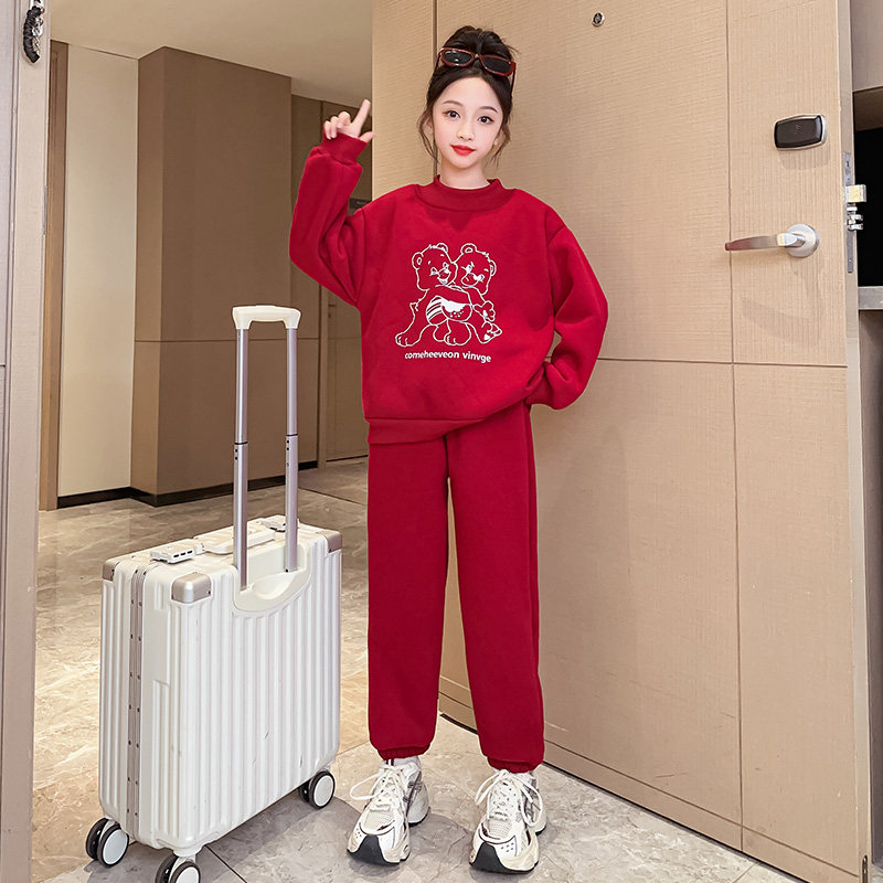 Girls' New Year's Happy New Year's Eve suit 2023 new Yangqi Winter Children Cavet Thickened Sweater Two sets-Taobao