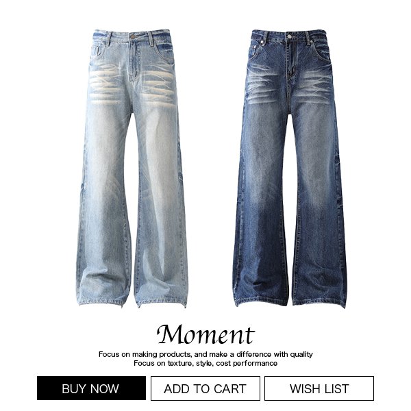Moment American High Street Style Blue Cleanfit Vintage Washed Flared Jeans Straight Casual Pants