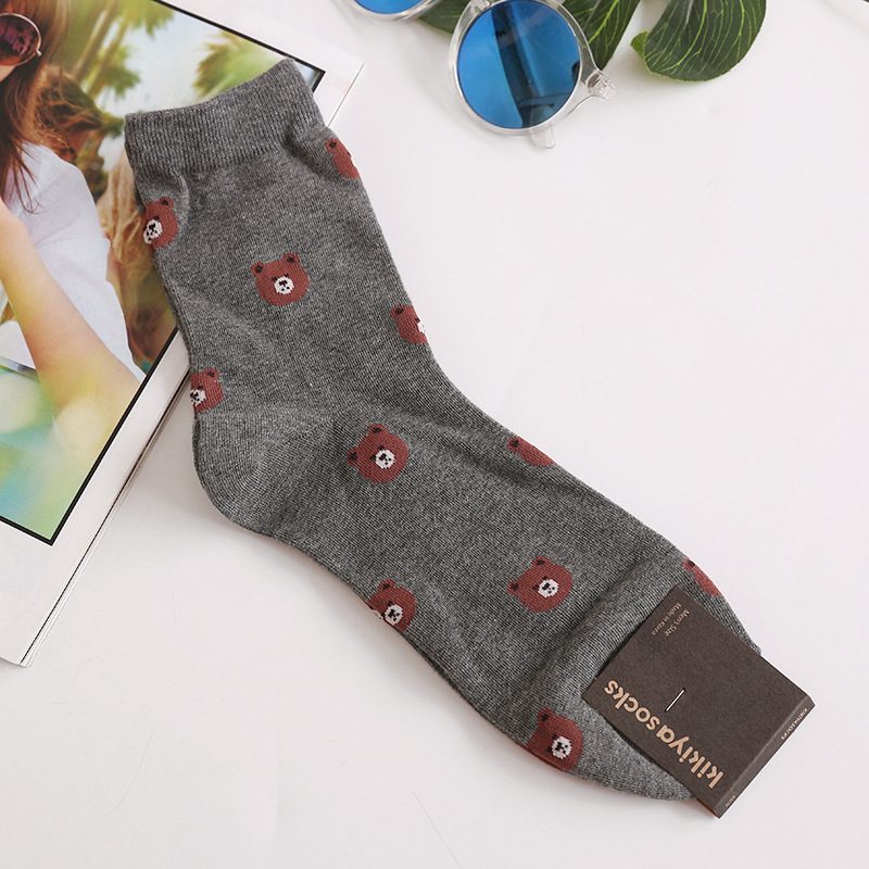 [Multiple Options Available] Korean Imported Ggorangnae Socks Men's Pure Cotton Sweat-Absorbent Mid-Tube Cute Teddy Bear