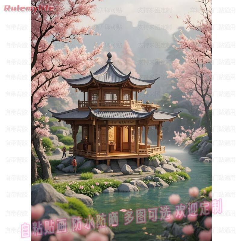 油彩風 風景画 田園風景 村落 春景 装饰画 額装 山村風景 #350 25年最火乡村田园风景画推荐｜自粘贴纸打造卧室书房墙面装饰新风尚