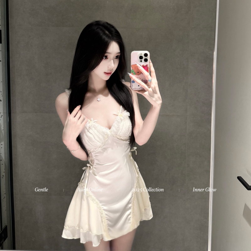 Aura* Beloved Miu Series Champagne Satin Glossy Slip Nightdress for Women Summer A-Line Skirt Waist-Cinching Sleeveless Pajamas