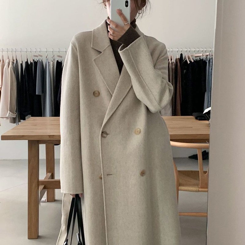 Korean chic autumn and winter temperament suit collar double-breasted casual loose over-the-knee long version warm woolen coat coat