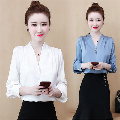 春季新款设计感小众气质V领缎面衬衫女