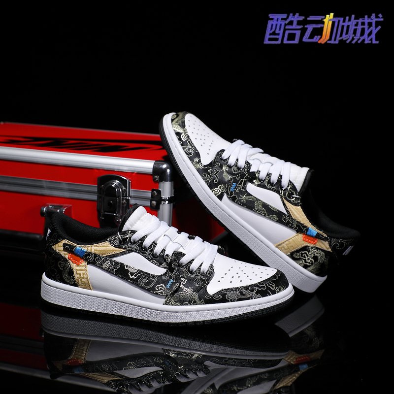 Nike Custom Sneakers Nike Air Jordan 1 Black and Gold Dragon Pattern Embroidered in Chinese Style, Unisex Casual Sports Shoes