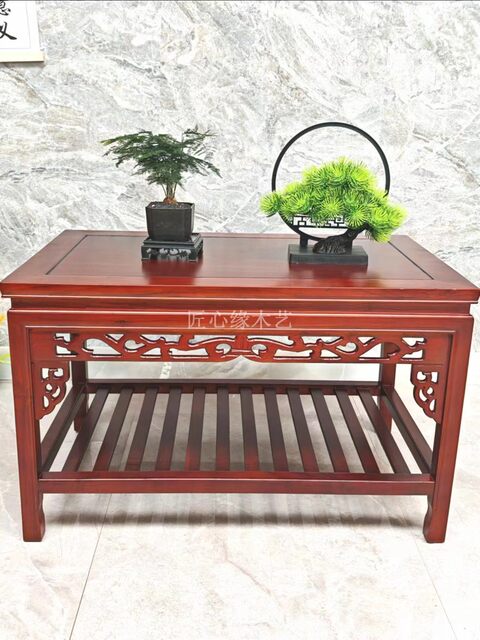 Modern Minimalist Chinese-Style Antique Imitation Solid Wood Coffee Table, Rectangular Floor Table for Living Room, Stone Bonsai Table, Elm Wood Small Tea Table