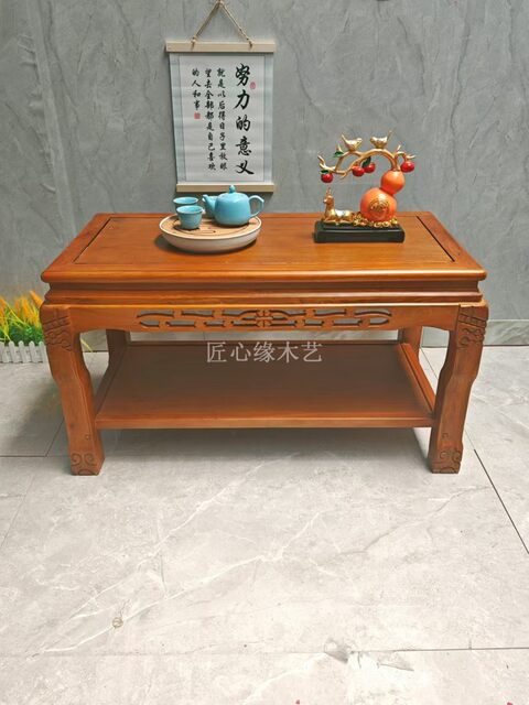1.0m Long Solid Wood Coffee Table Modern Elm Wood Living Room Leisure Double-Layer Tea Table Simple Double-Layer Chinese-Style Antique Furniture