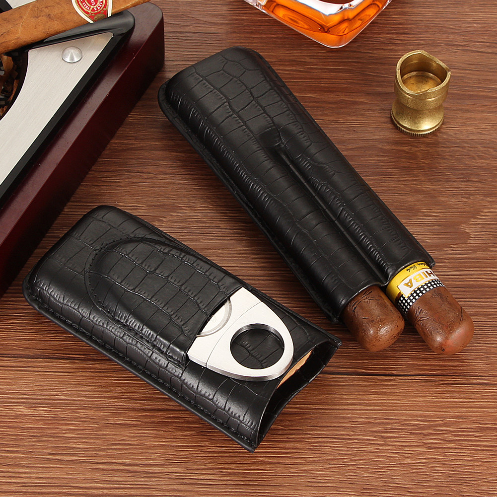 Cigar leather case Portable cigar case Leather 2 cigarette case to send cigar scissors cigarette case humidor exquisite gift box