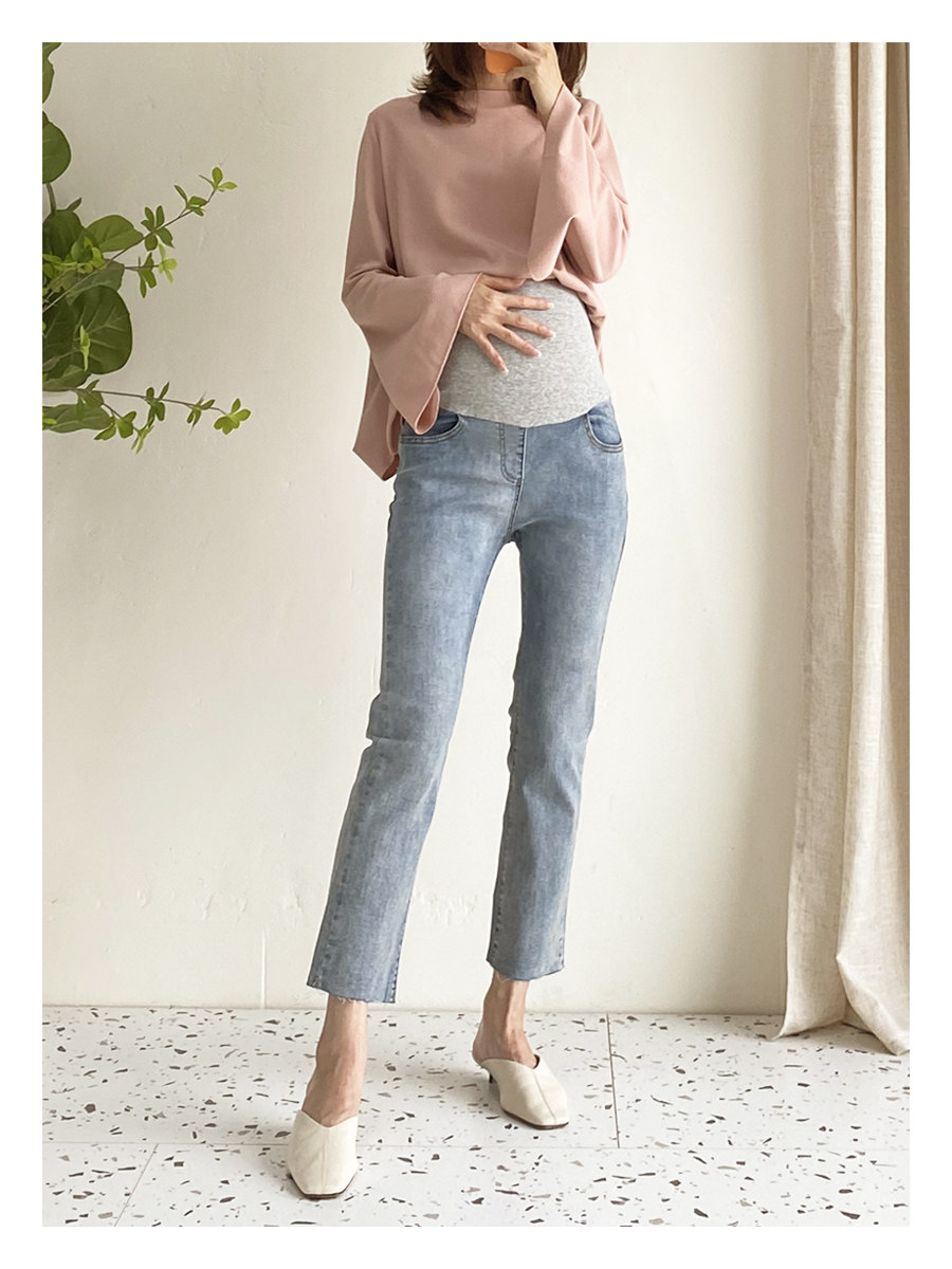A Ma pregnant woman straight jeans in spring and autumn wear nine pants fashion elasticity and lean belly can adjust mom