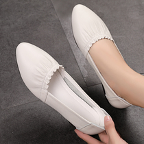 Summer genuine leather small white shoes womens single shoes Bull Gluten Bottom Soft Bottom Bean Bean Shoes Flat Bottom Mom Shoes White Slim Leather Shoes