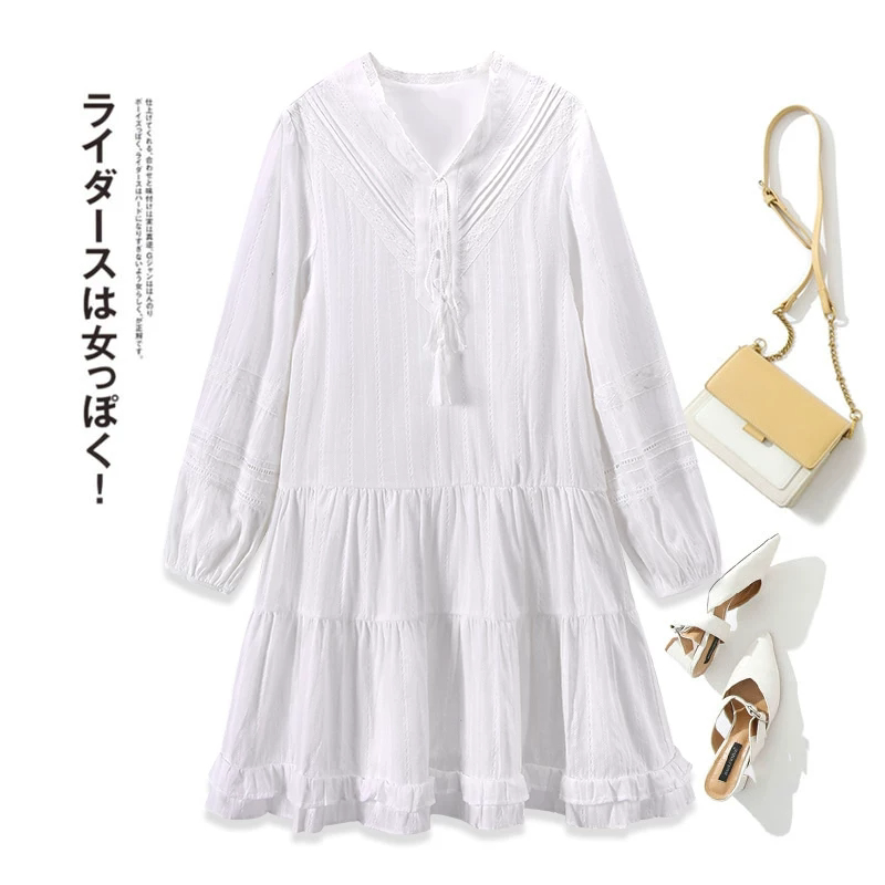 White Cake-Style Dress for Women, Loose Fit, Slimming, Bohemian Style, Seaside Vacation Vibe, Long-Sleeved Short Dress