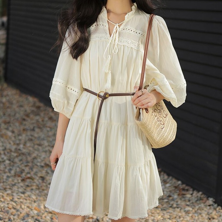 Vacation Style French Hollow Lace-Up Dress for Women, New Spring Style, Loose and Slimming, Bohemian Lace-Up A-Line Skirt